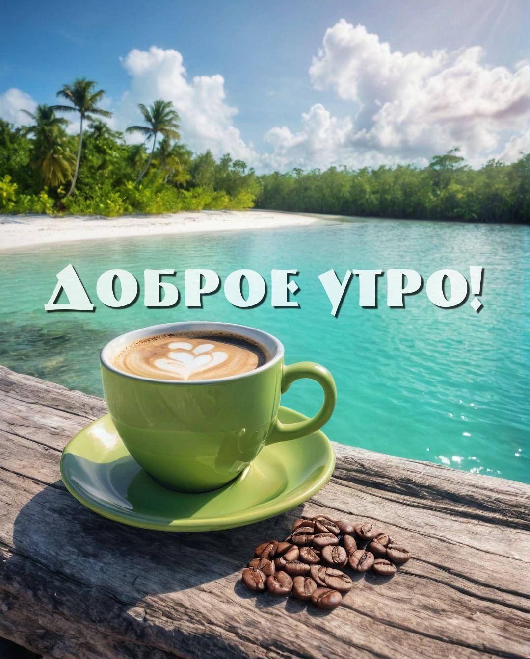 Утро, зеленая чашка кофе на деревянной поверхности у воды