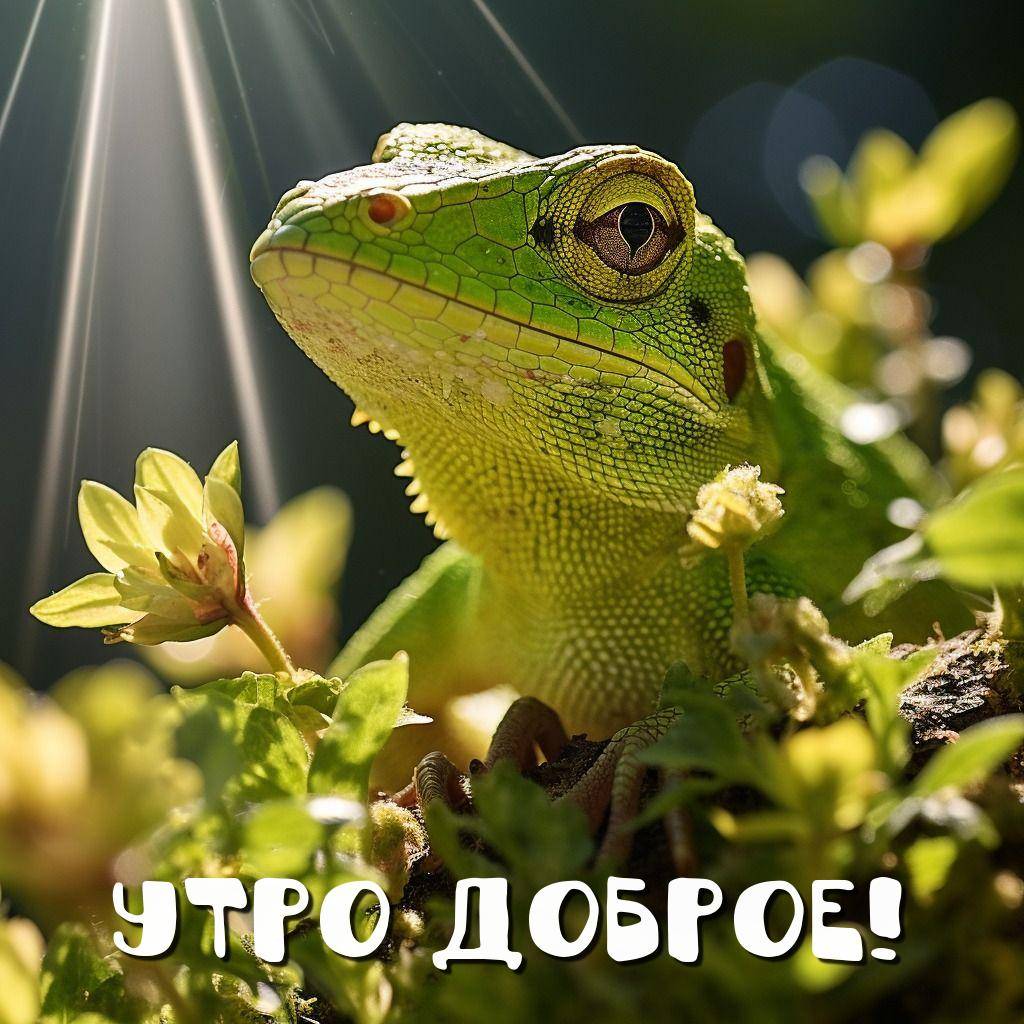 Утро, зеленая ящерица среди зелени под солнечным светом