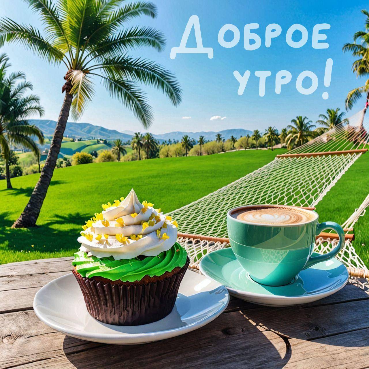 Утро, зелёное поле с пальмами и кексом на тарелке
