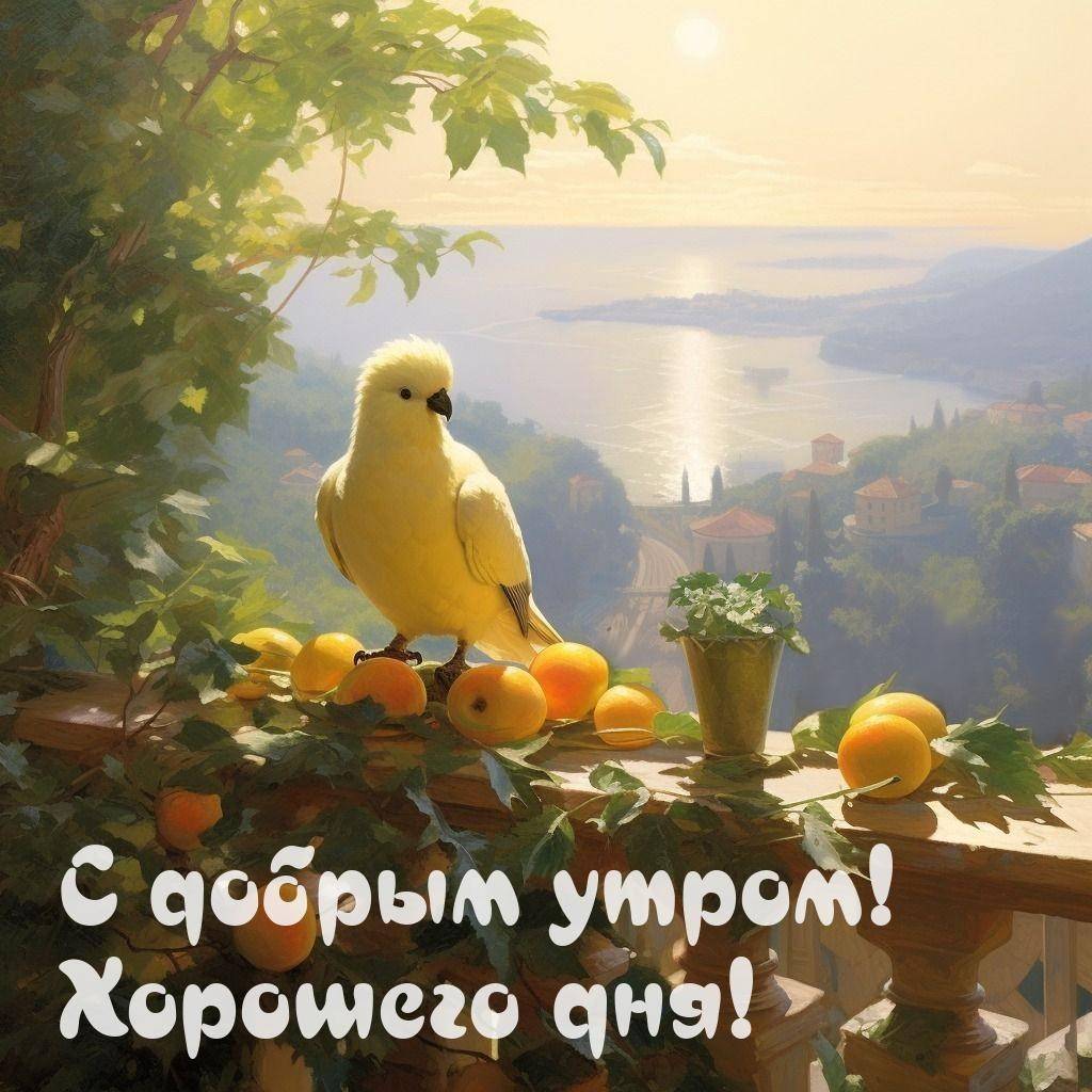 Утро, желтый попугай на перилах террасы среди абрикосов