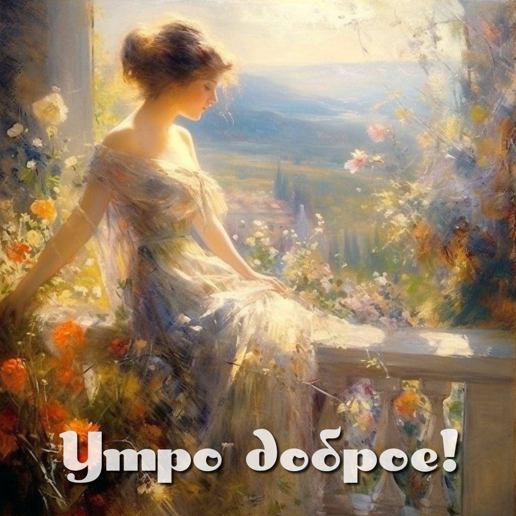Утро, женщина на балконе, окружённая цветами