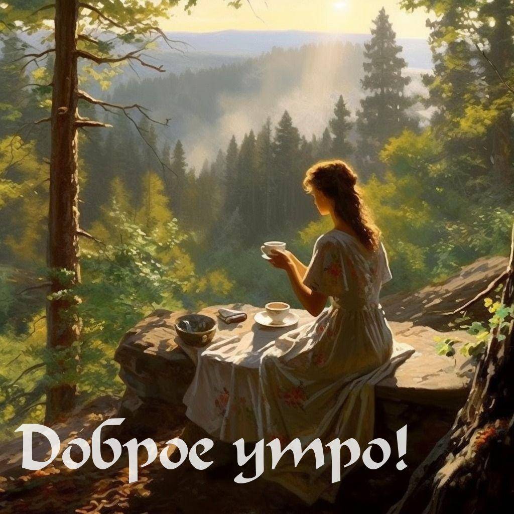 Утро, женщина на скале с чашкой, смотрящая вдаль, лес вокруг