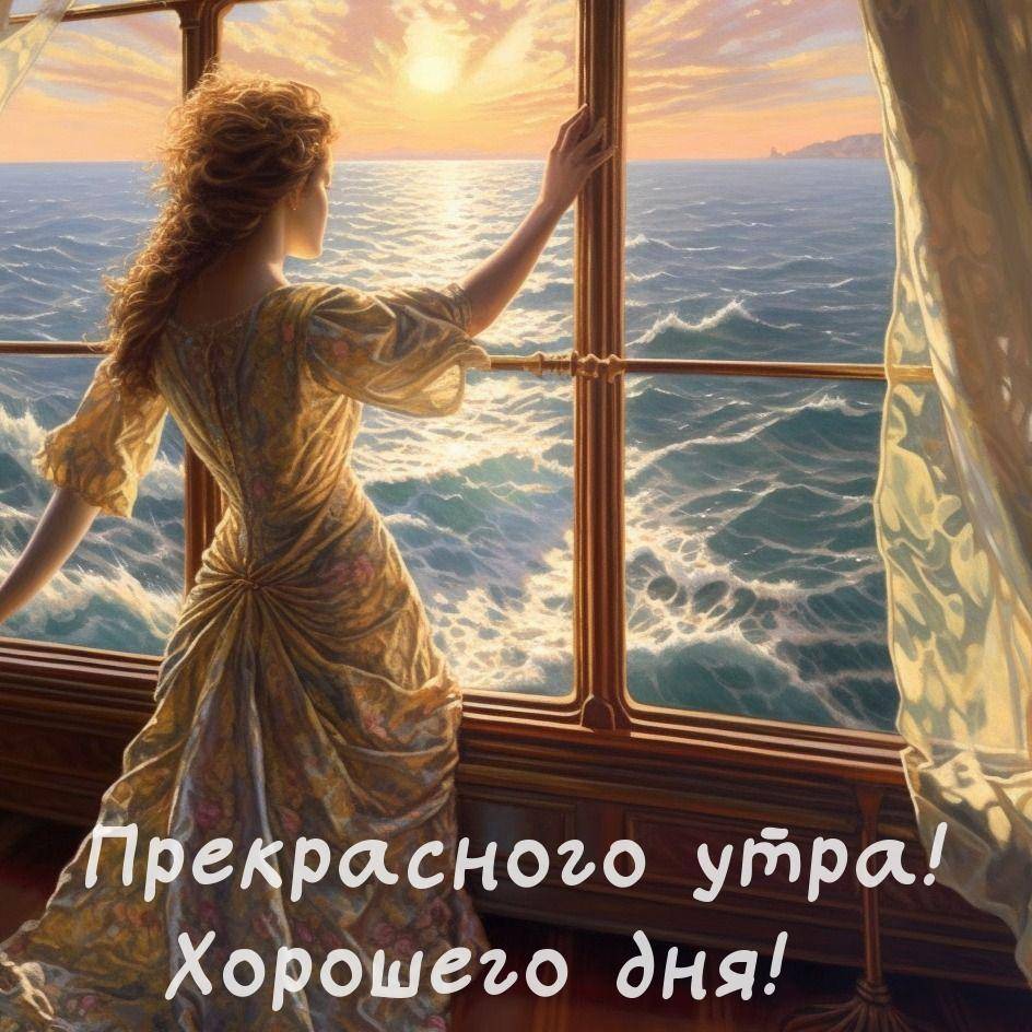 Утро, женщина у окна, смотрит на море