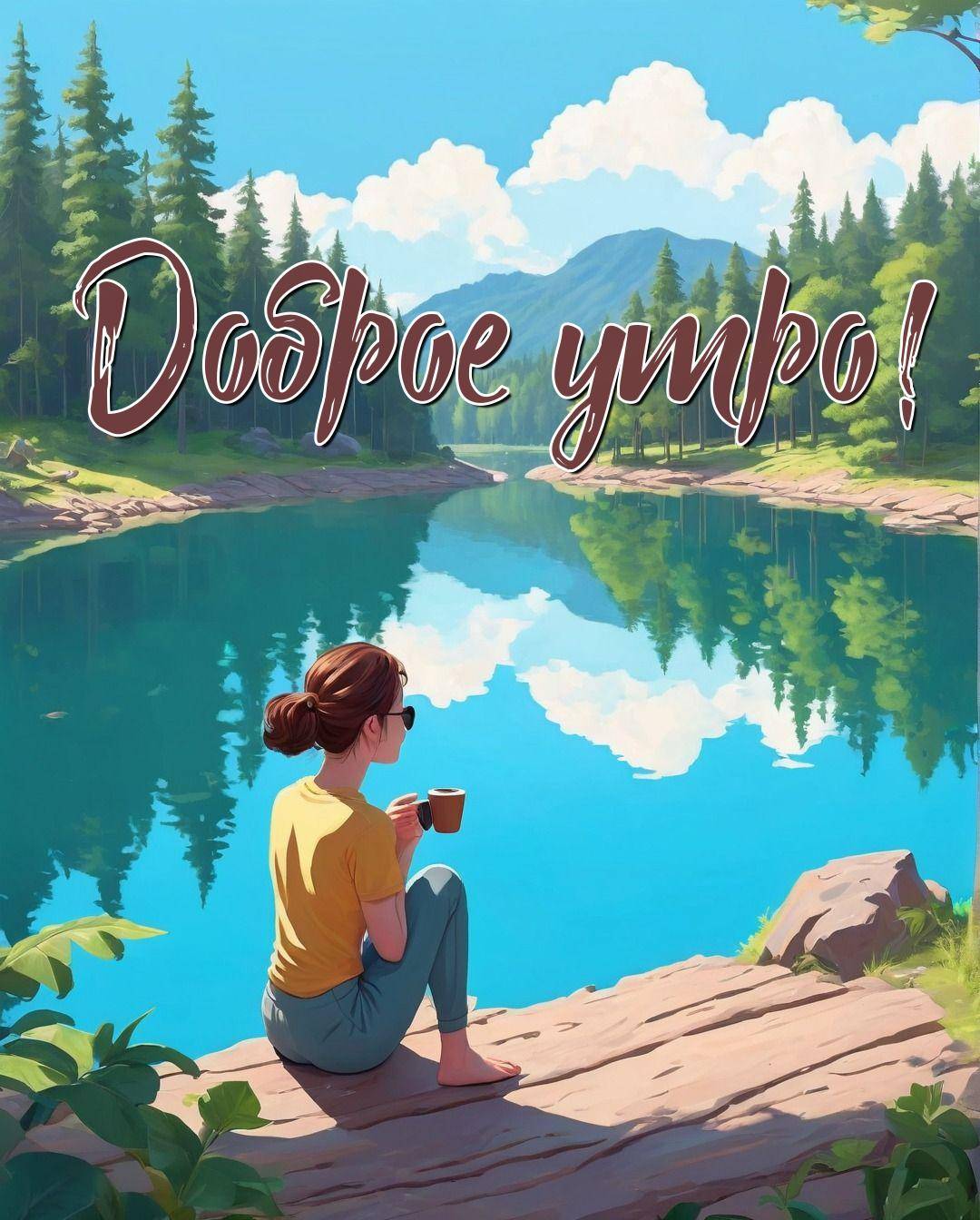 Утро, женщина у водоема в желтой футболке с кружкой