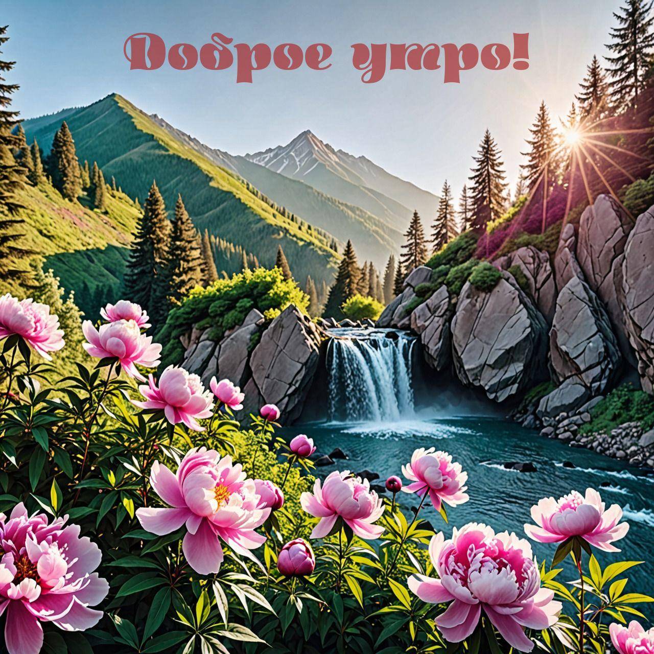 Утро, живописная природа с пионами, водопадом и горами