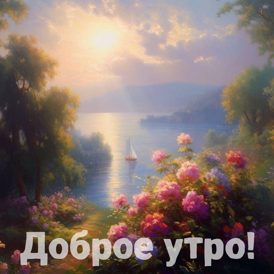Утро, живописная природа: цветы, водоем и парусная лодка