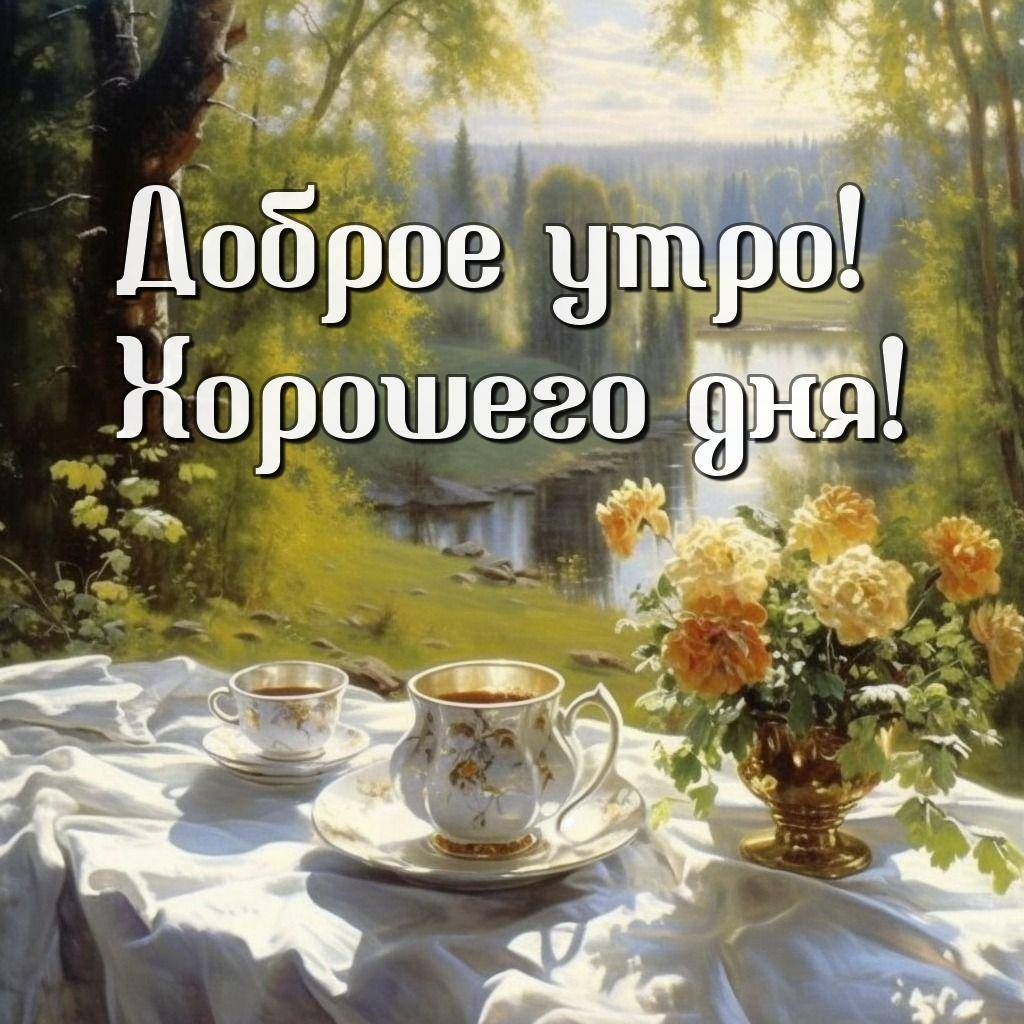 Утро, живописная сцена с чашками, цветами и пейзажем