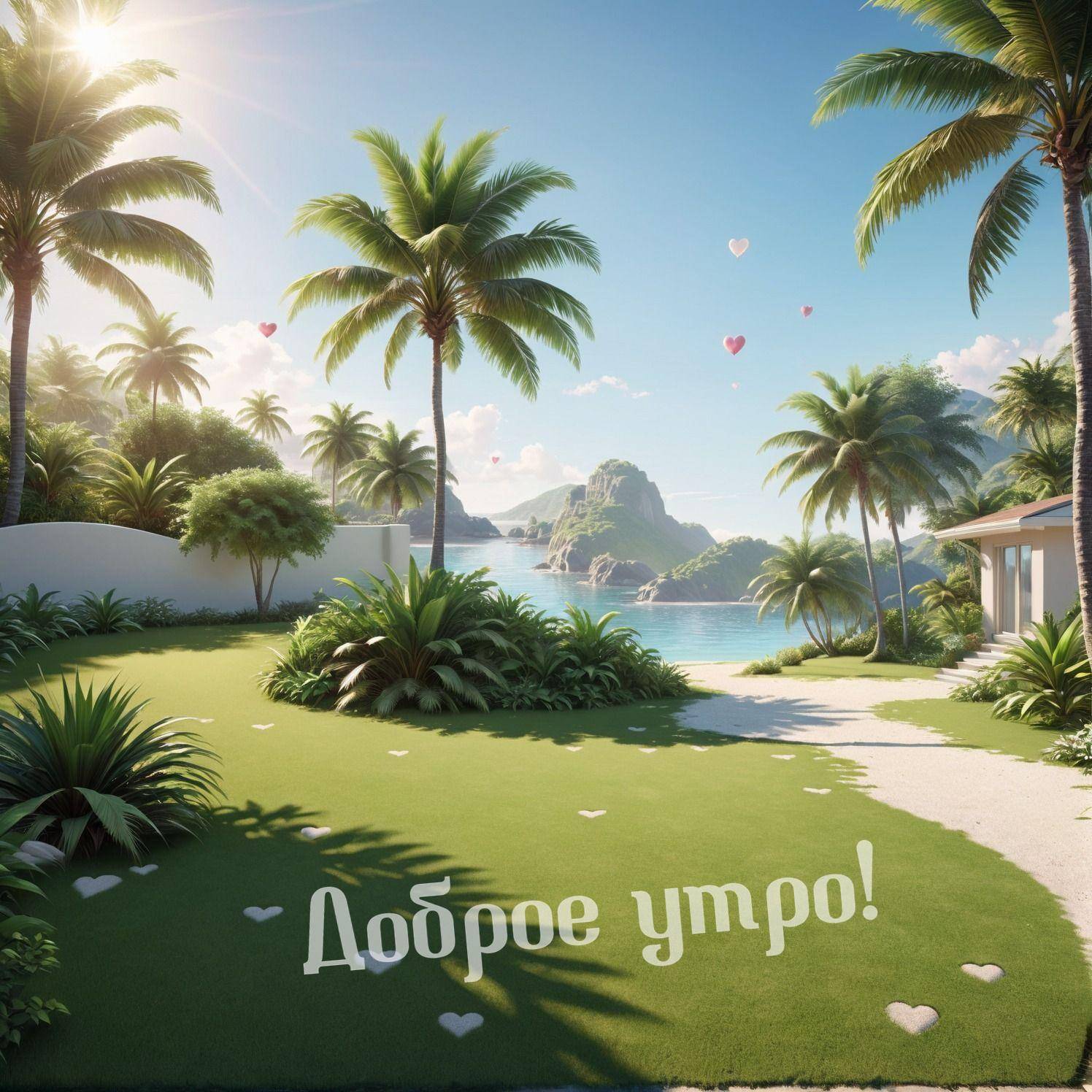 Утро, живописная тропическая сцена с пальмами и морем