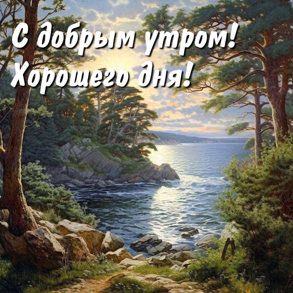 Утро, живописный берег моря с соснами и закатом