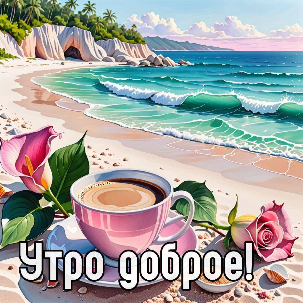 Утро, живописный берег с кофе и цветами