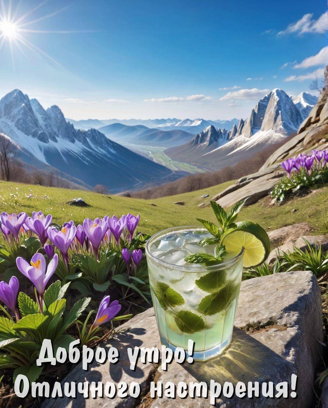 Утро, живописный горный пейзаж с крокусами и напитком
