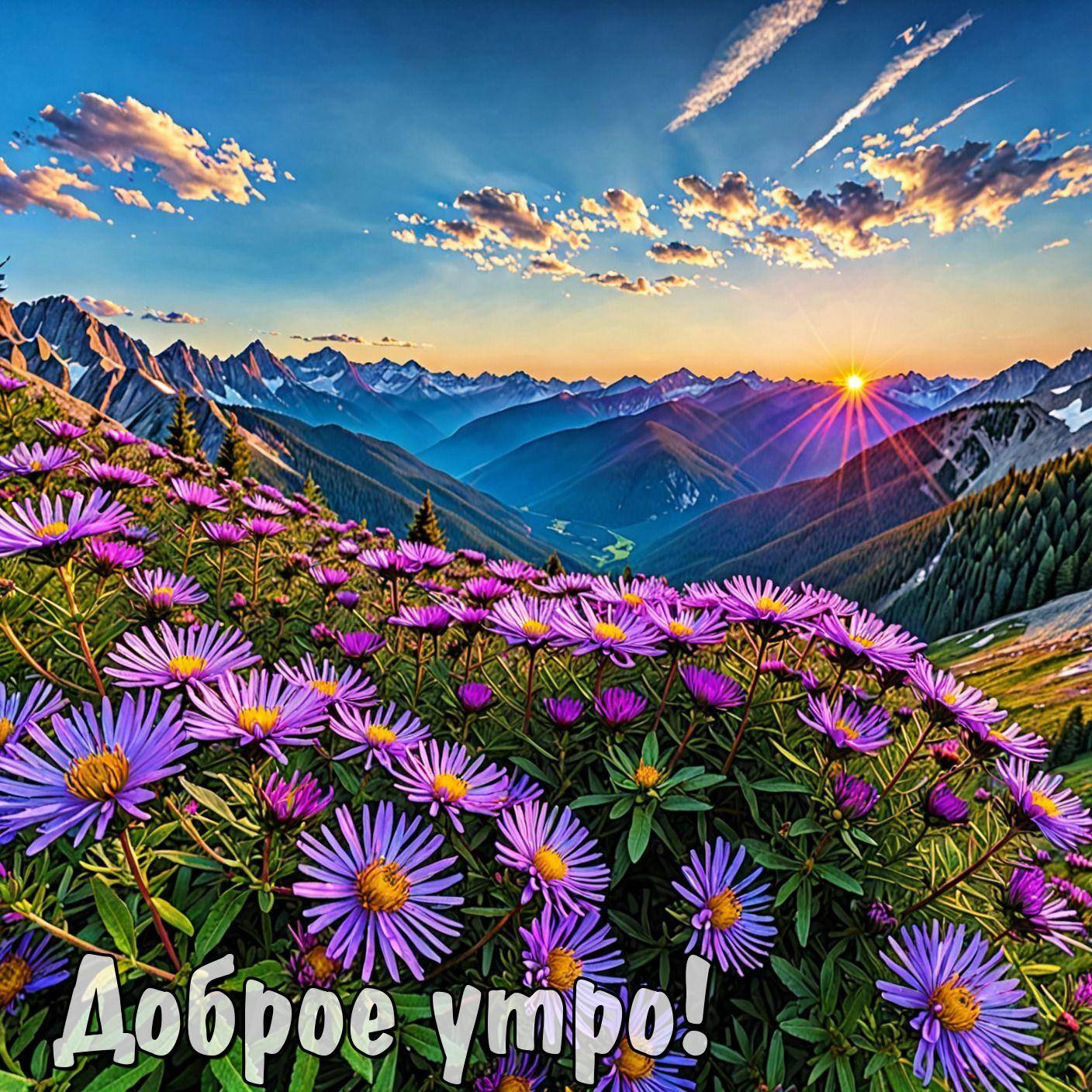 Утро, живописный горный пейзаж с лиловыми цветами на склоне