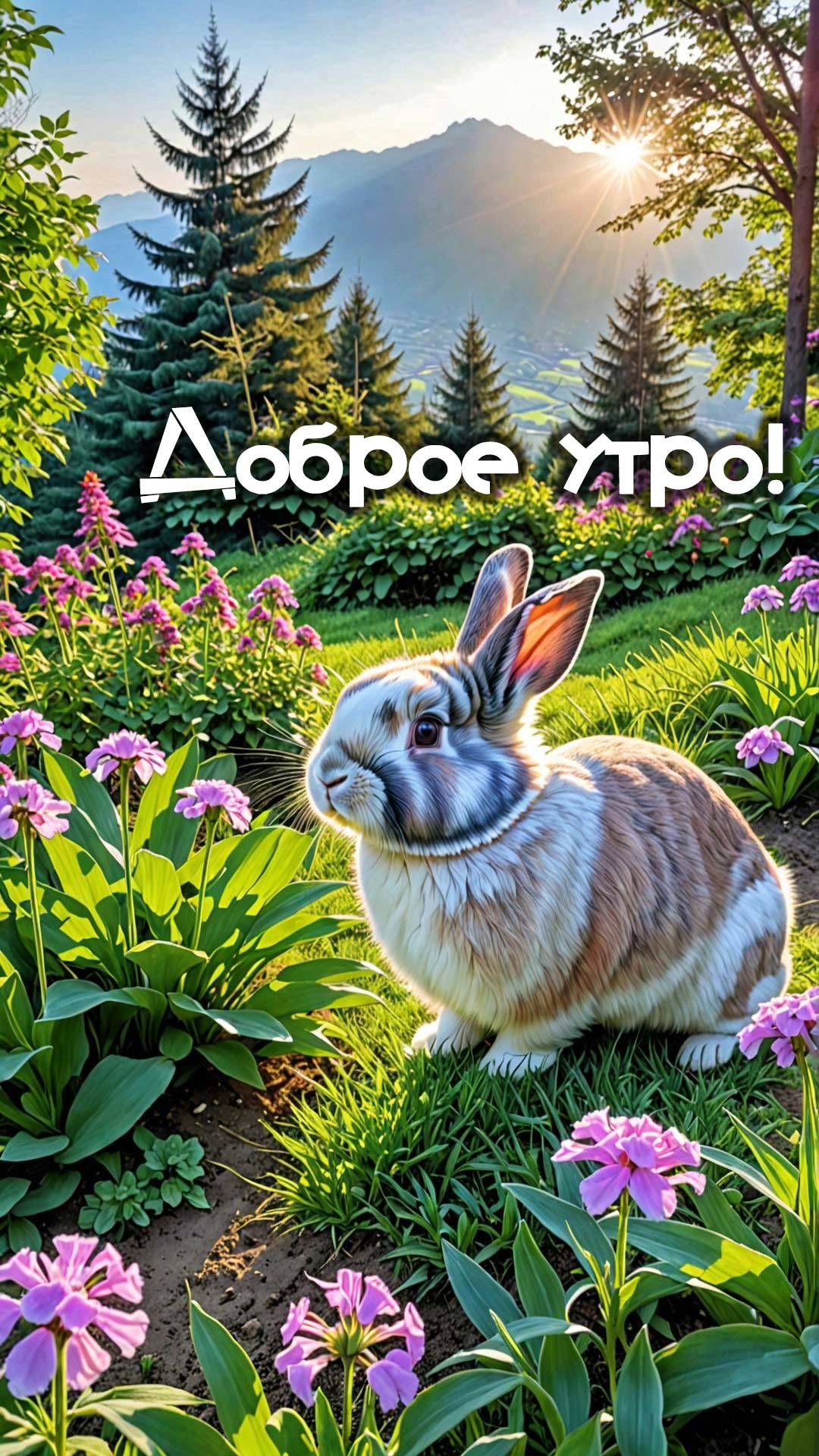 Утро, живописный ландшафт с кроликом и цветами