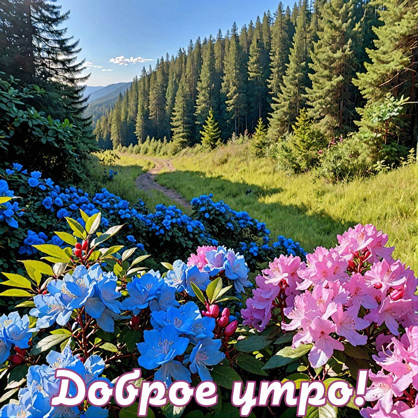 Утро, живописный лесной пейзаж с цветами и тропинкой