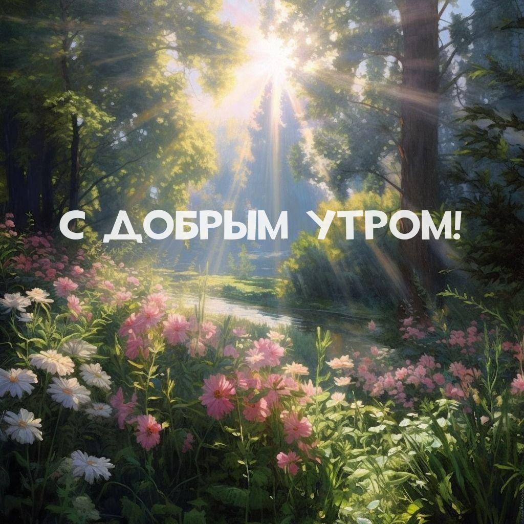 Утро, живописный летний пейзаж с поляной и озером