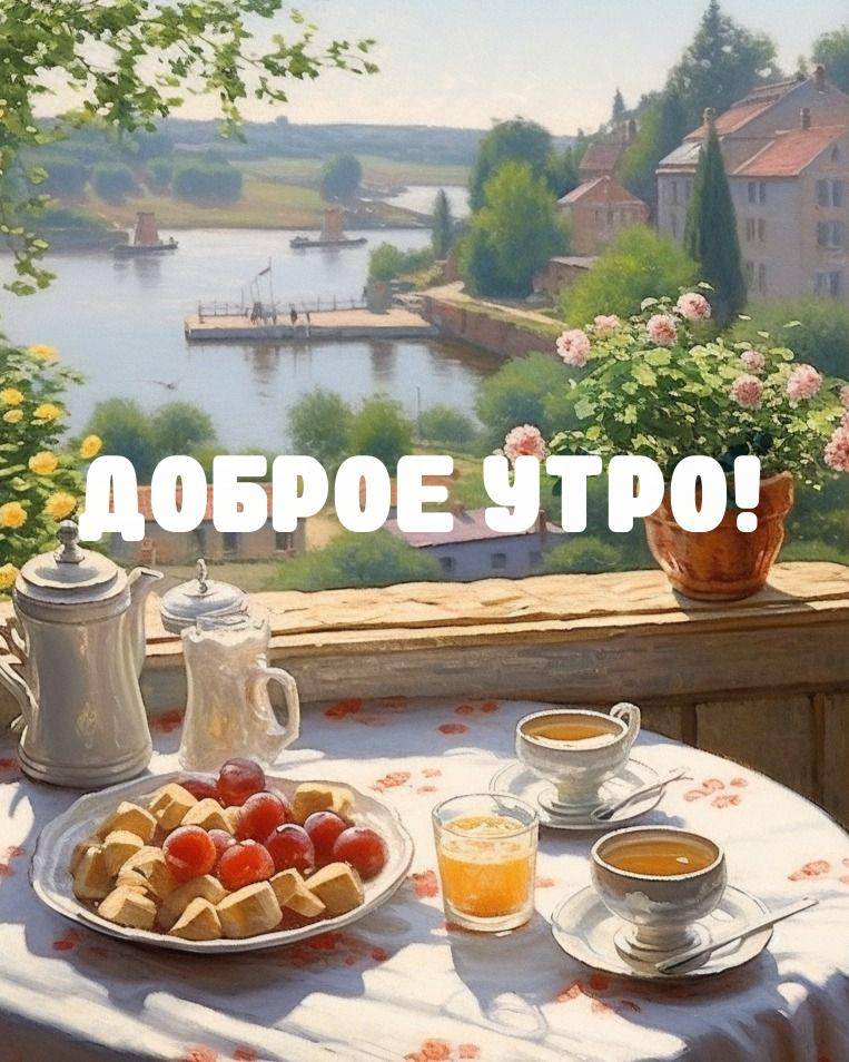 Утро, живописный летний пейзаж с рекой и зелёными холмами