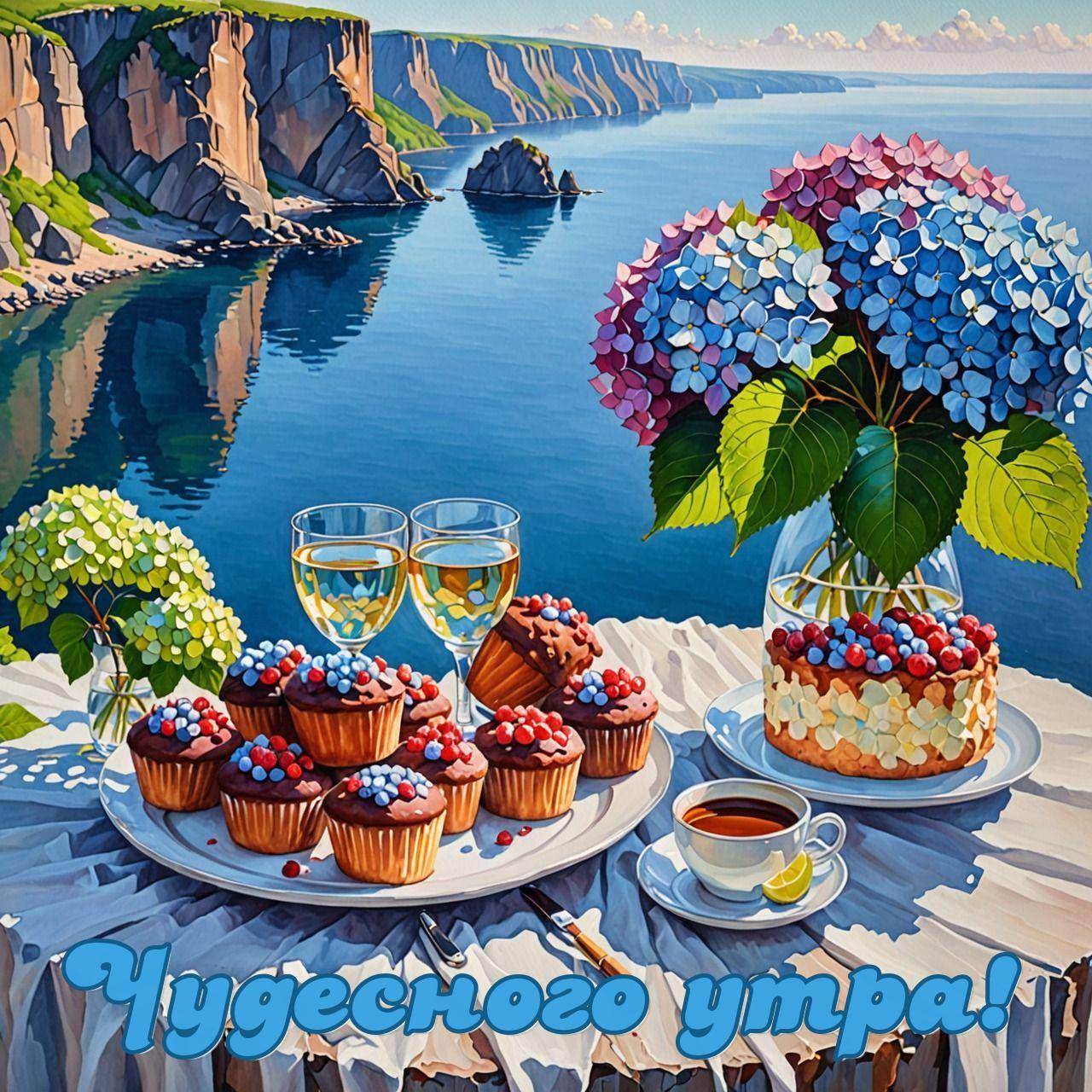 Утро, живописный морской берег, стол с десертами и вином
