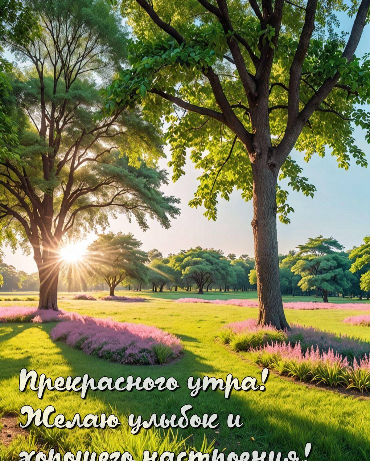 Утро, живописный парк с зелеными деревьями и травой