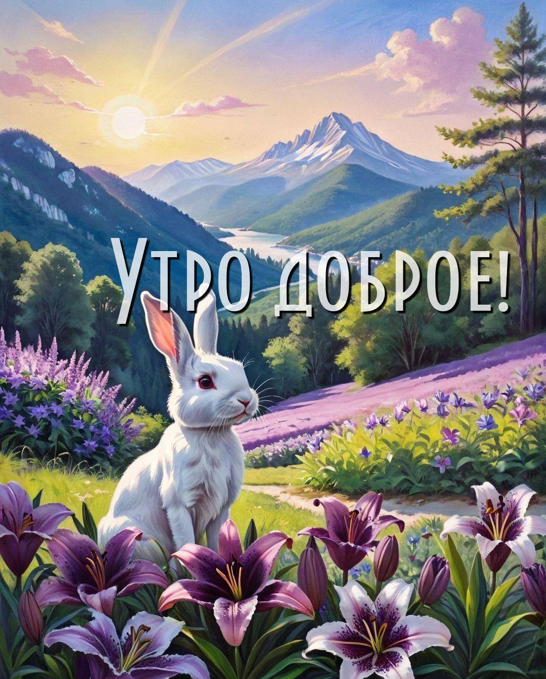 Утро, живописный пейзаж с белым кроликом на переднем плане
