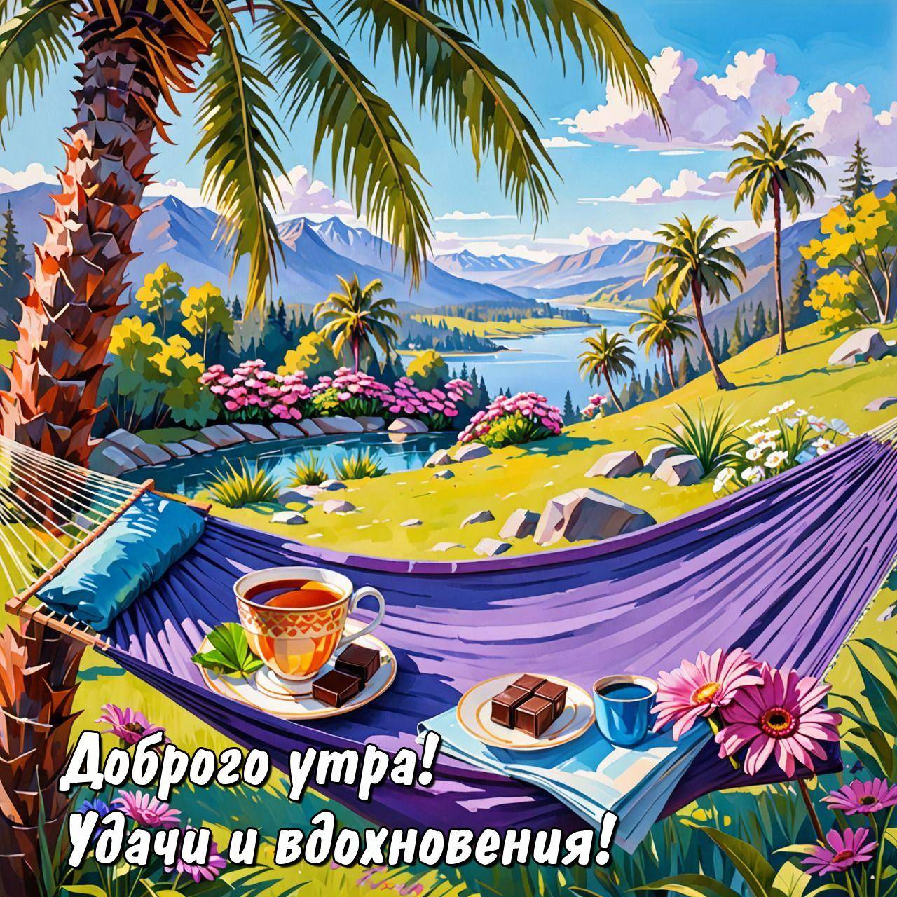 Утро, живописный пейзаж с гамаком, чаем и шоколадом