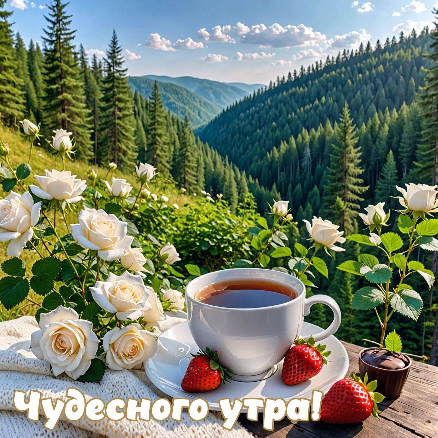 Утро, живописный пейзаж с горами, лесом, розами и чаем
