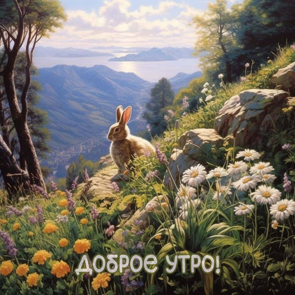 Утро, живописный пейзаж с горным фоном, цветами и кроликом