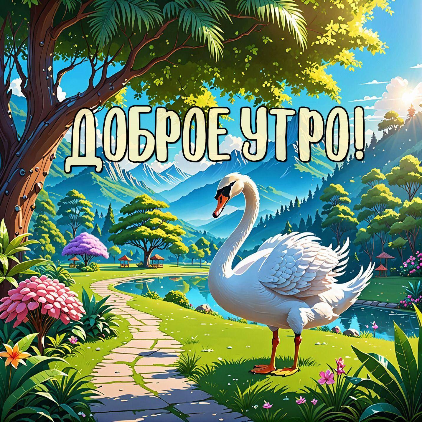 Утро, живописный пейзаж с лебедем на берегу дорожки