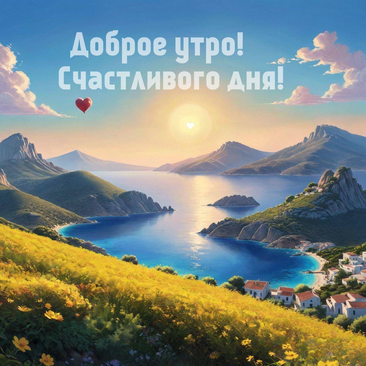 Утро, живописный пейзаж с морем, домами, цветами и шаром