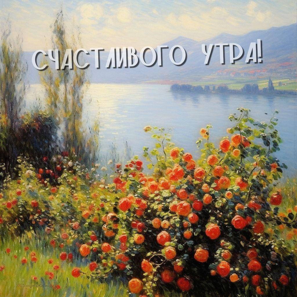 Утро, живописный пейзаж с озером и цветущими кустами