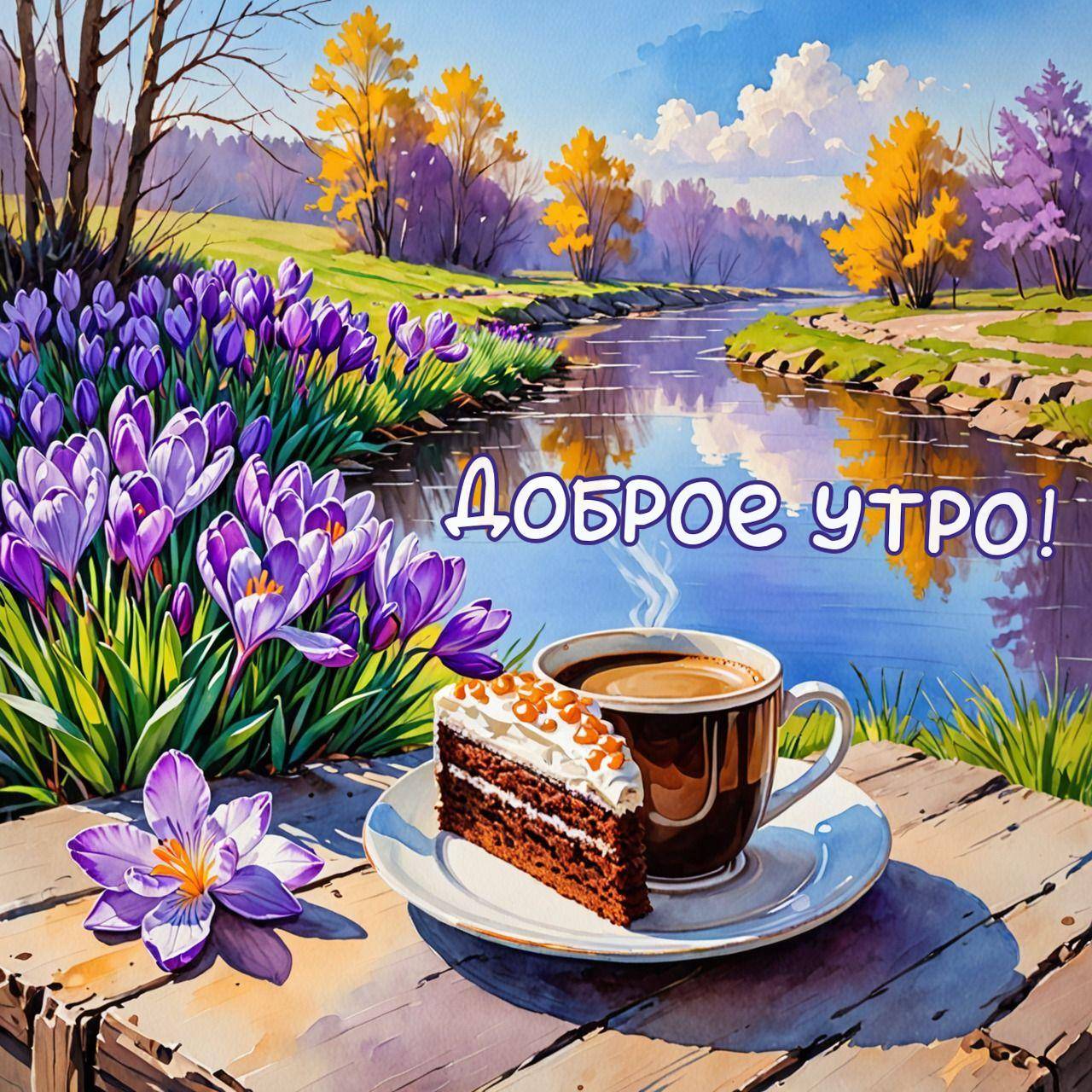 Утро, живописный пейзаж с рекой, деревья и стол с кофе