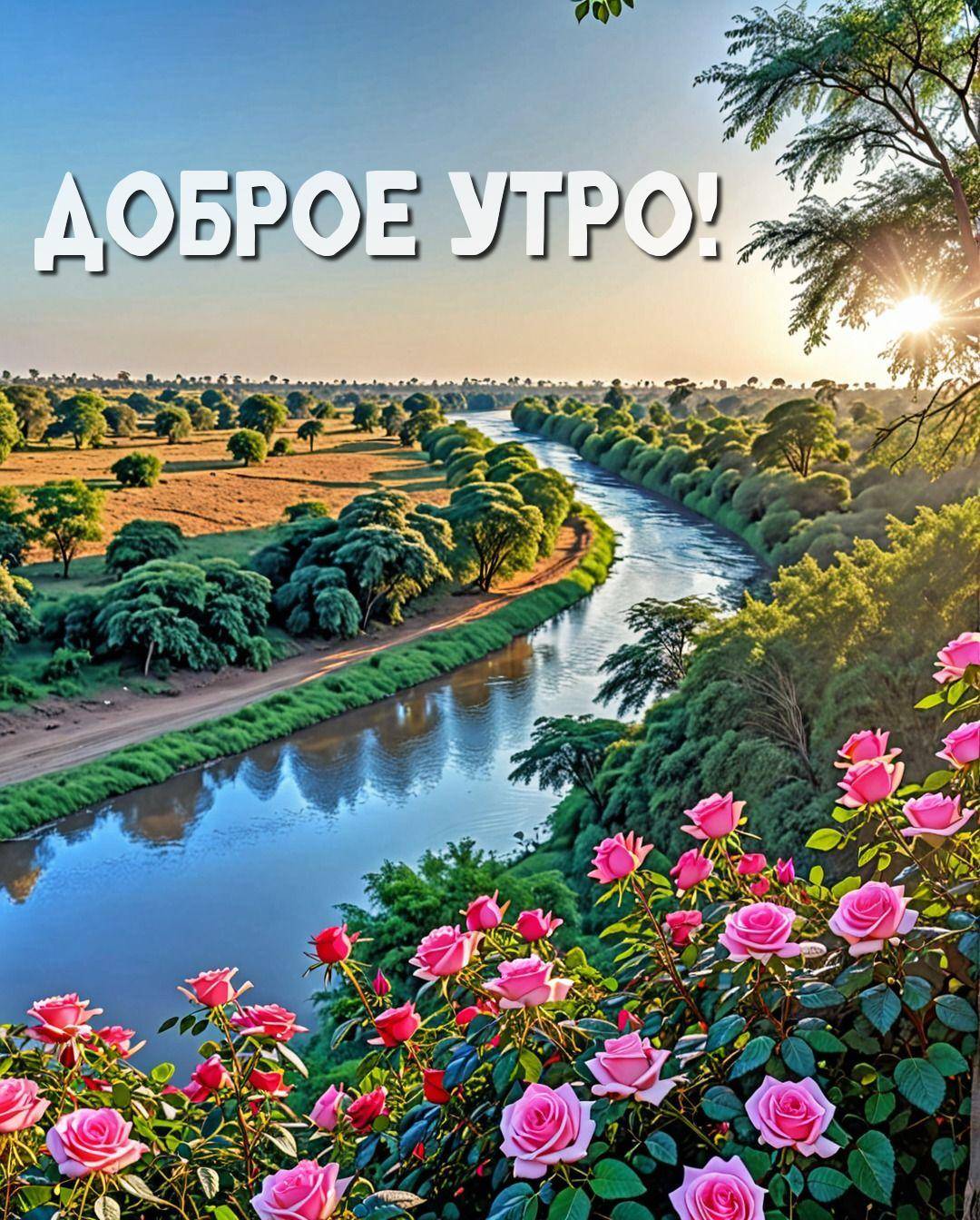 Утро, живописный пейзаж с рекой и розами под солнцем