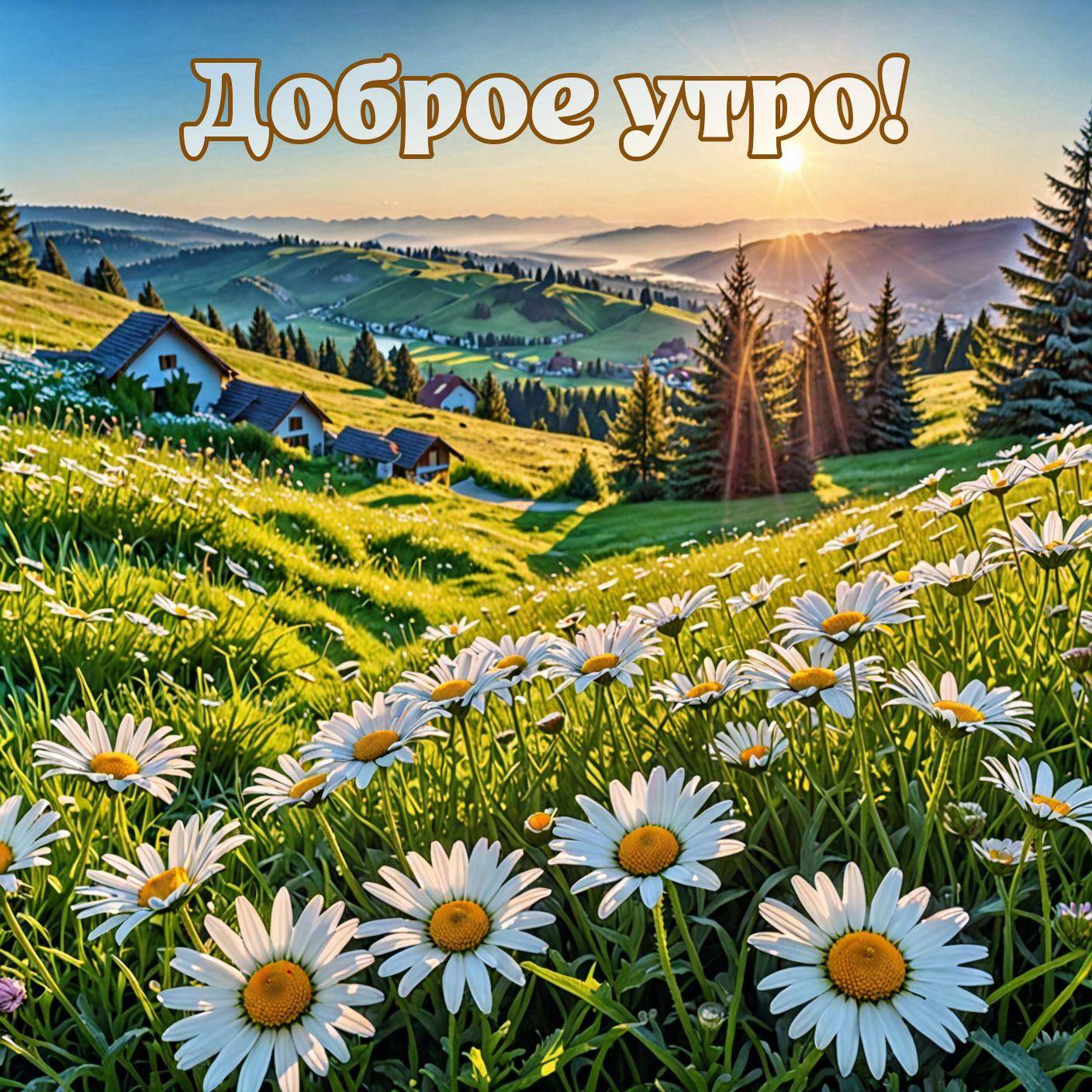 Утро, живописный пейзаж с ромашками