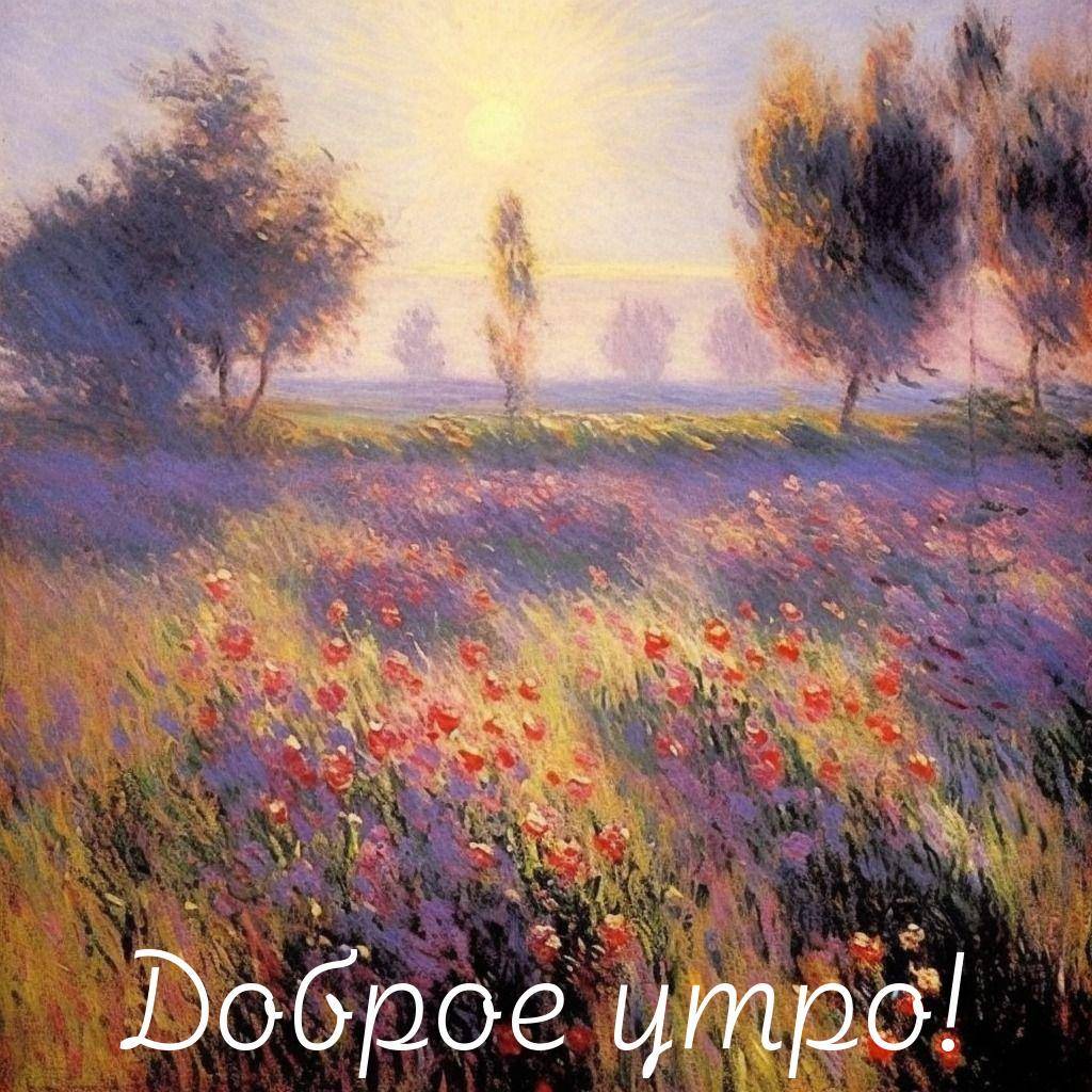 Утро, живописный пейзаж с цветочным полем