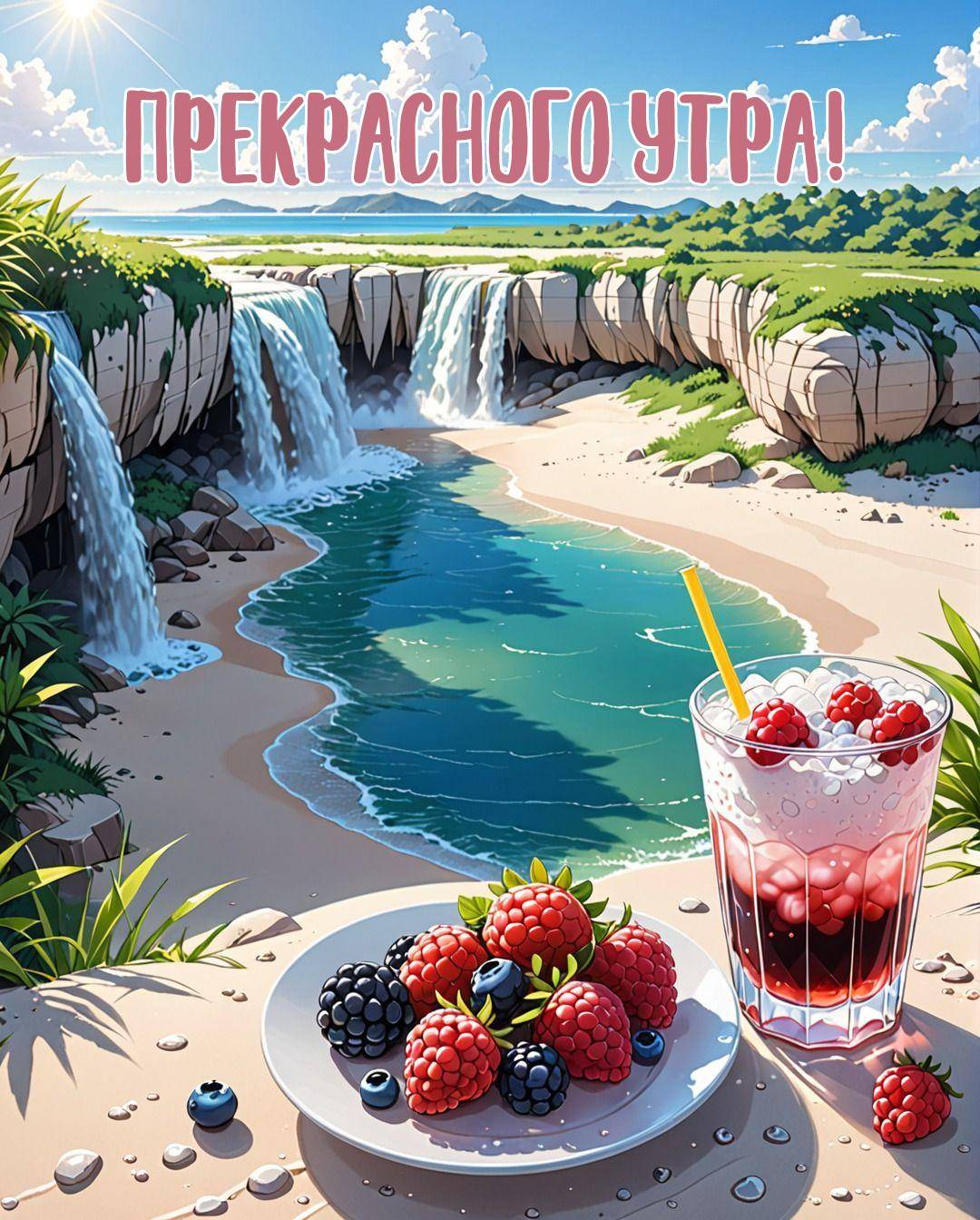 Утро, живописный пейзаж с ягодами и водопадами