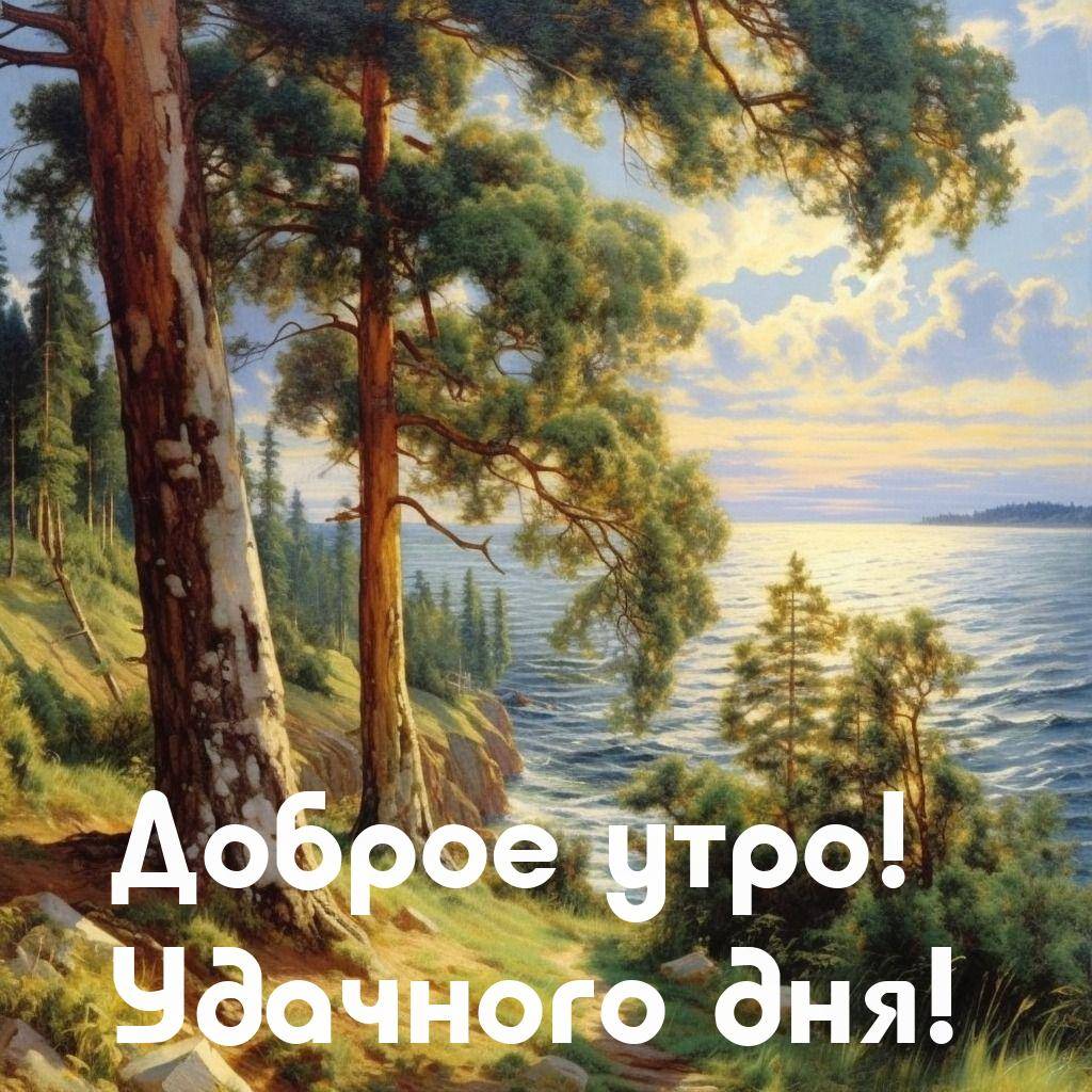 Утро, живописный пейзаж: сосны, трава, камни, блестящая вода