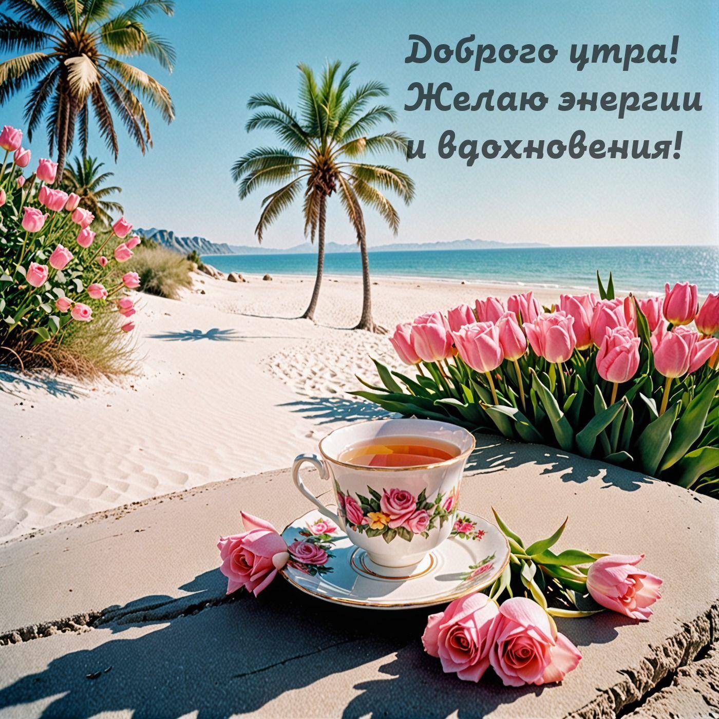 Утро, живописный пляж, чашка чая и розы