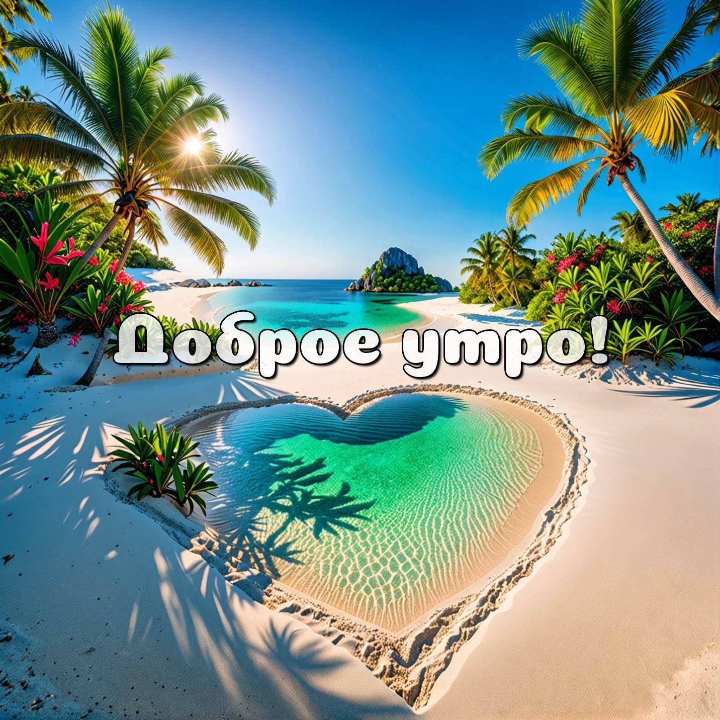 Утро, живописный пляж с белым песком и бирюзовой водой