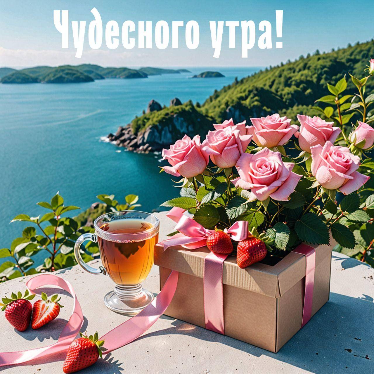 Утро, живописный вид на море с холмами