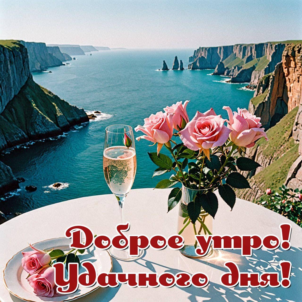Утро, живописный вид на море с розами и шампанским