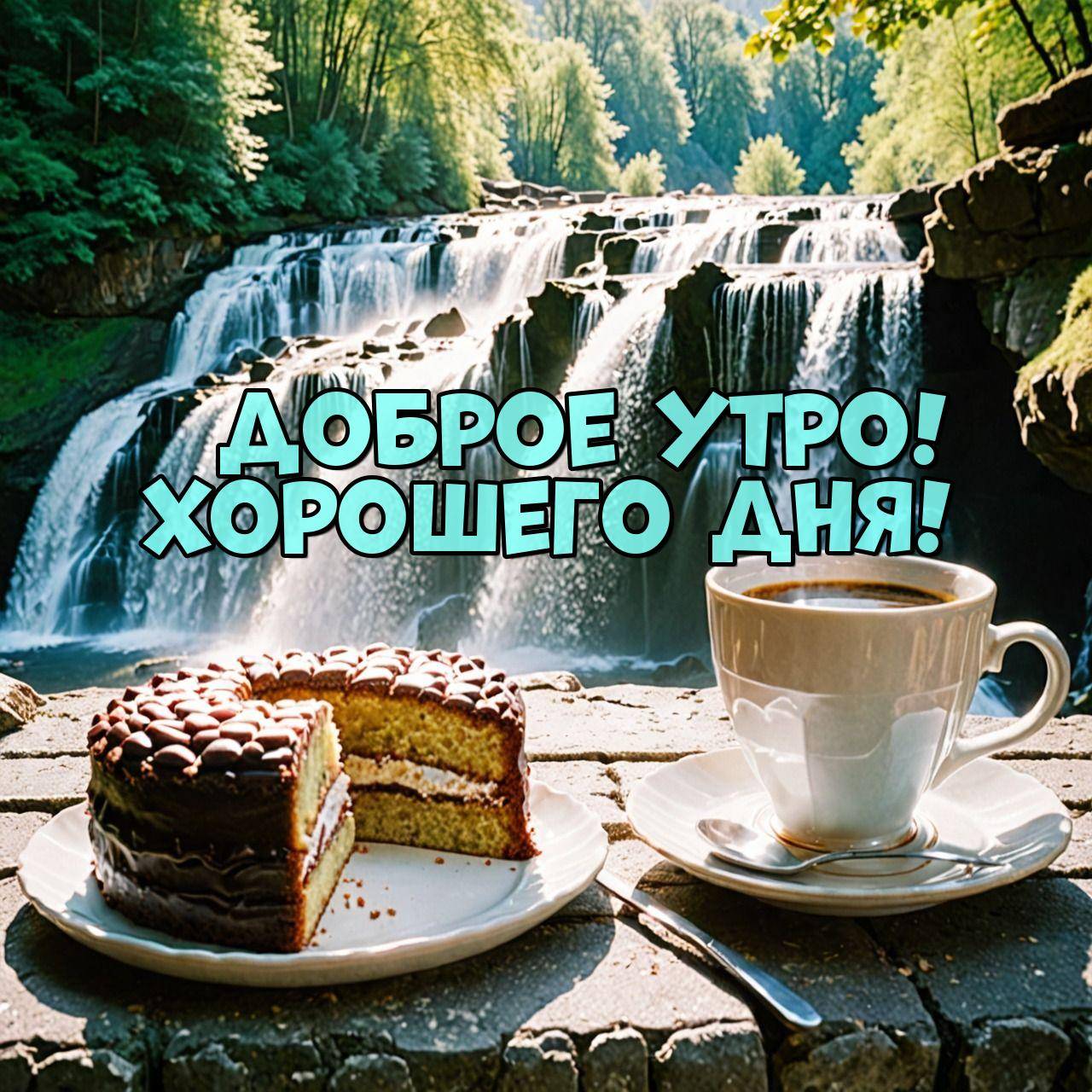 Утро, живописный водопад, кусок торта и чашка кофе