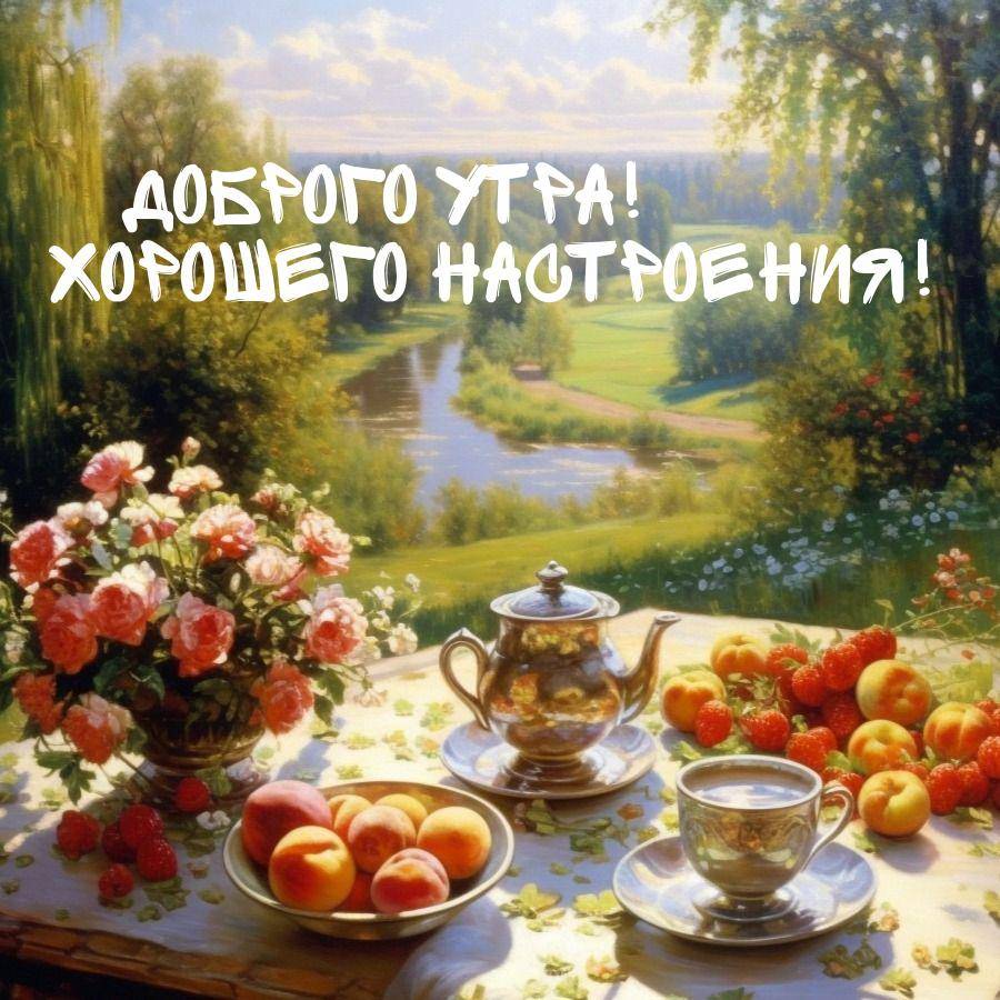 Утро, живописное летнее чаепитие на природе