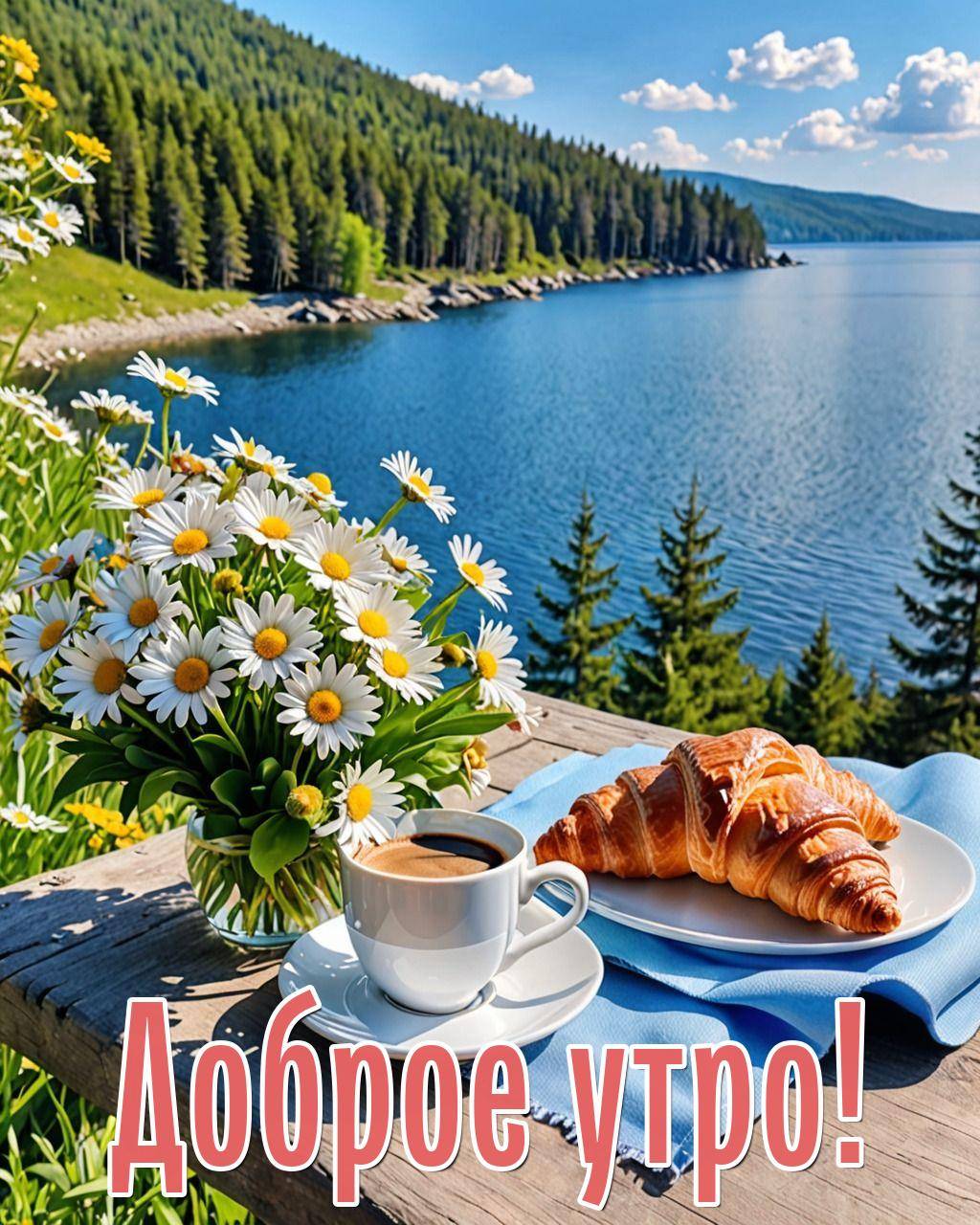 Утро, живописное озеро и стол с кофе и круассанами