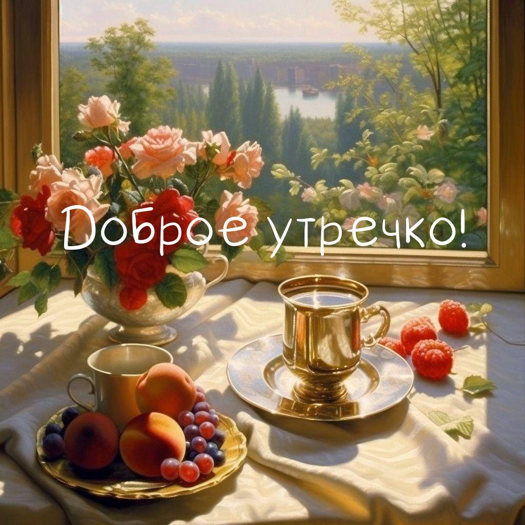 Утро, золотая чашка с напитком на белой скатерти, летняя сцена