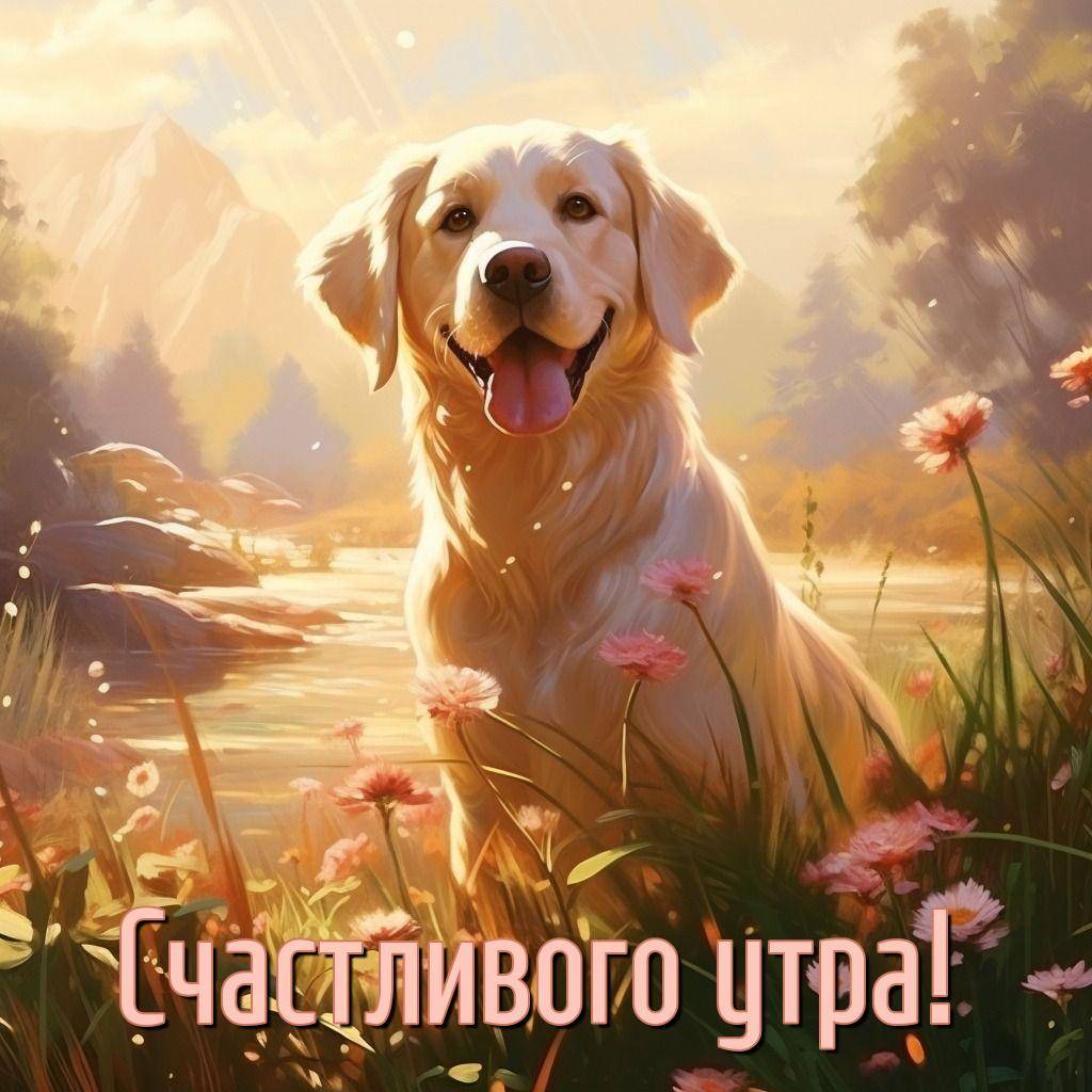 Утро, золотистый ретривер на фоне пейзажа