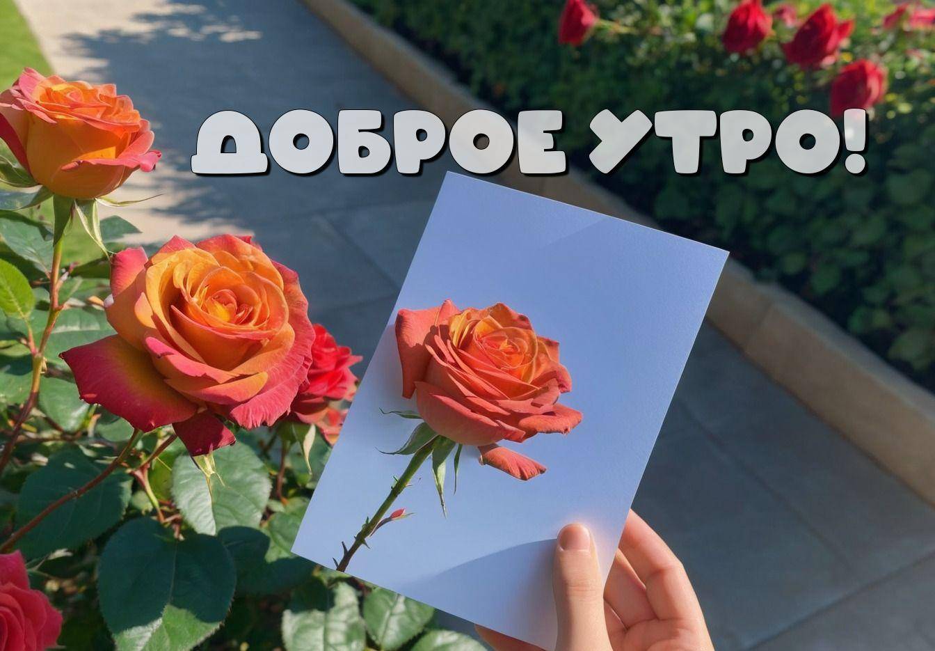 Утро, alt,Оранжевая роза на кусте и фотография в руке