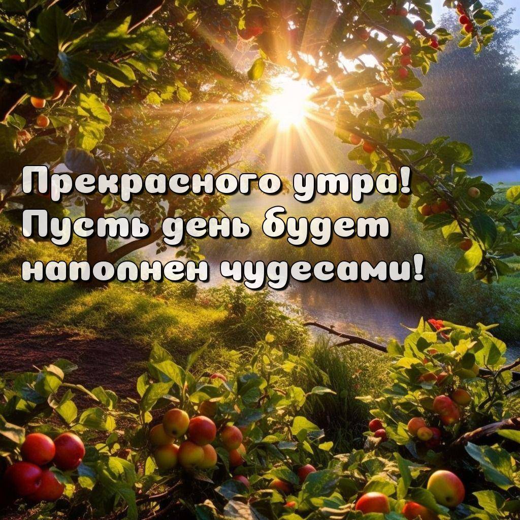 Утро, Alt Text,Солнечные лучи через листву деревьев с яблоками