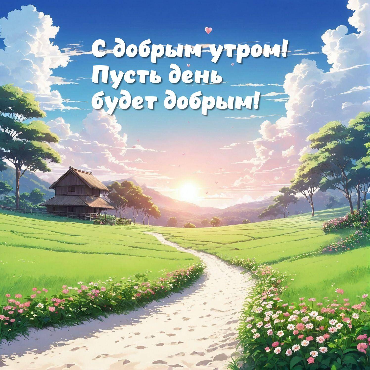 Утро, аниме-пейзаж с солнечным светом и домиком