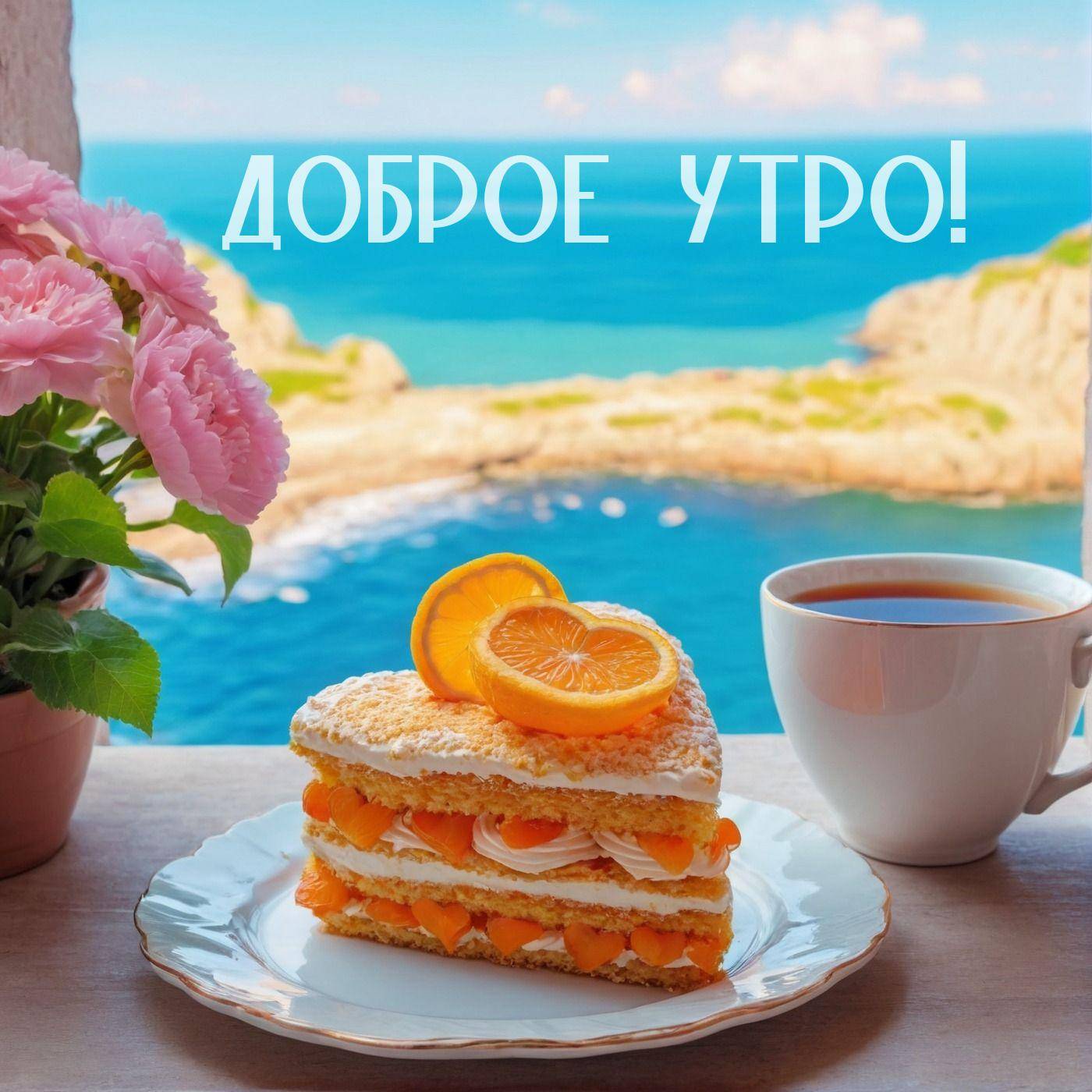 Утро, аппетитный торт в форме сердца с чашкой напитка