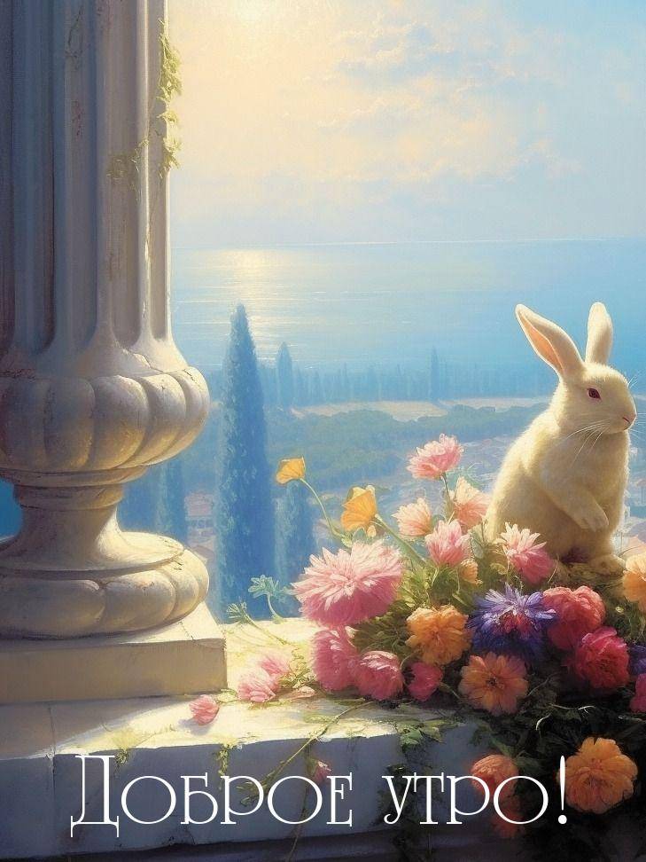 Утро, балкон с цветами и белым кроликом среди них.