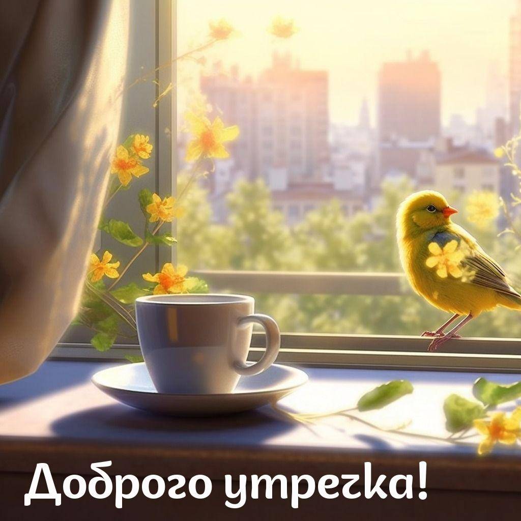 Утро, белая чашка и жёлтая птичка на подоконнике